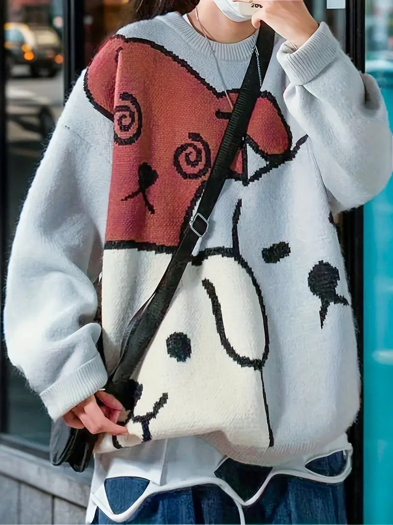 Cartoon Dog Casual Crew Neck Sports Sweater, Longs Sleeve Casual Pullover Sweater, Women's Tops