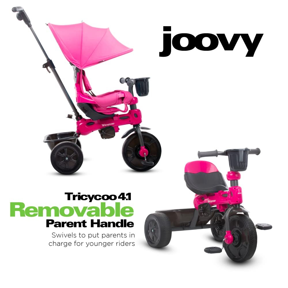 Joovy Tricycoo 4.1 Kids Tricycle with 4-Stages Featuring Extra-Wide Front Tire, Removable and Adjustable Parent Handle, Safety Harness, Machine-Washable Seat Pad, and Retractable Canopy (Black)
